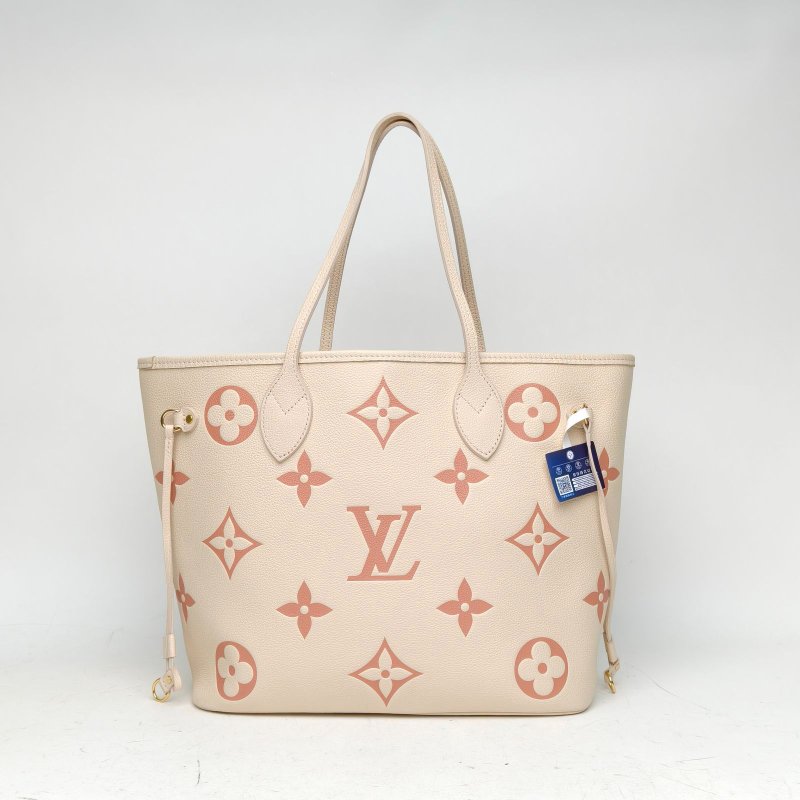 LOUIS VUITTON Neverfull中號31米白色牛皮金扣晶片老花壓紋肩背包-2