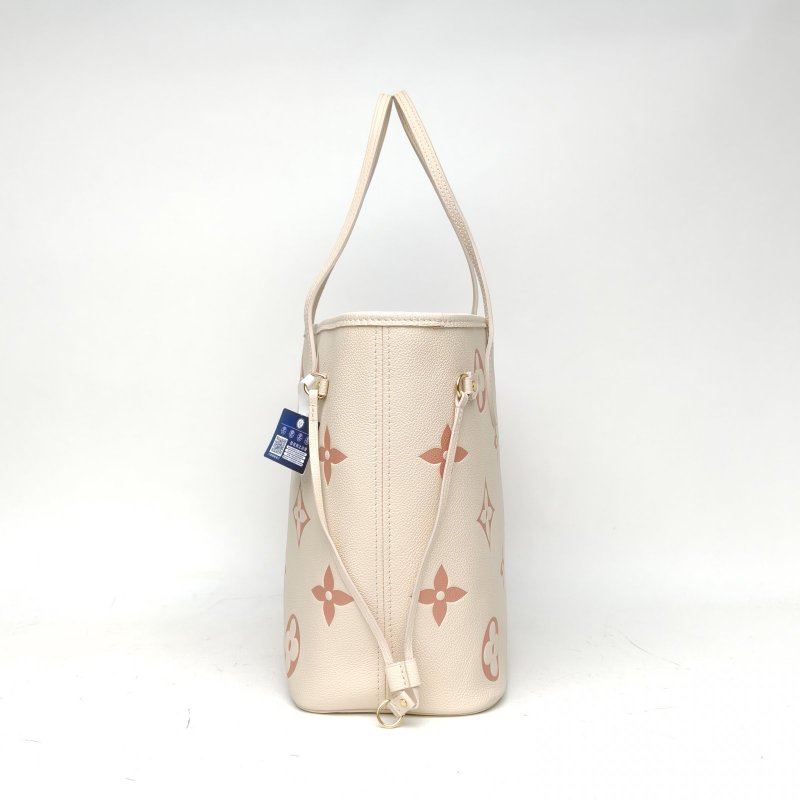 LOUIS VUITTON Neverfull中號31米白色牛皮金扣晶片老花壓紋肩背包-3