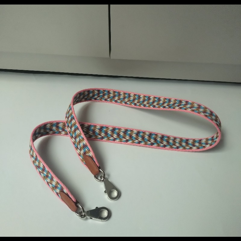 Hermes 銀釦粉邊咖白藍編織布背帶-2