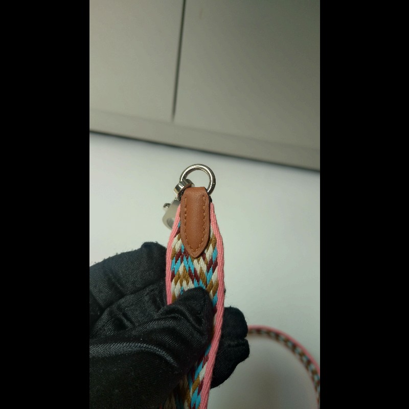 Hermes 銀釦粉邊咖白藍編織布背帶-4