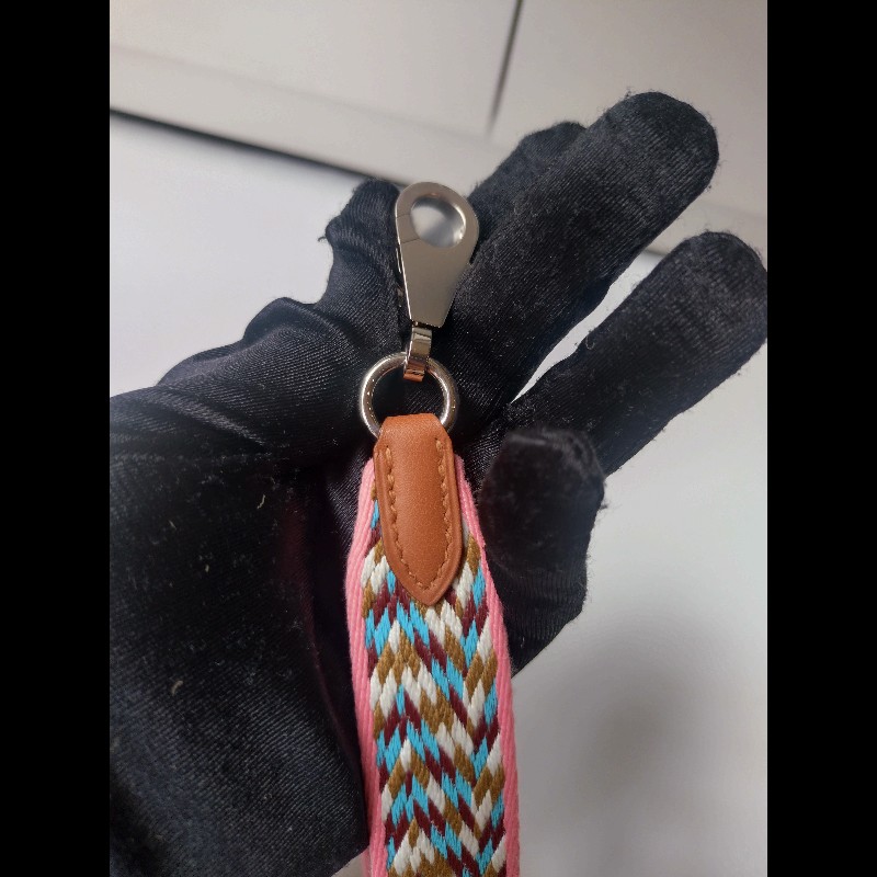 Hermes 銀釦粉邊咖白藍編織布背帶-7