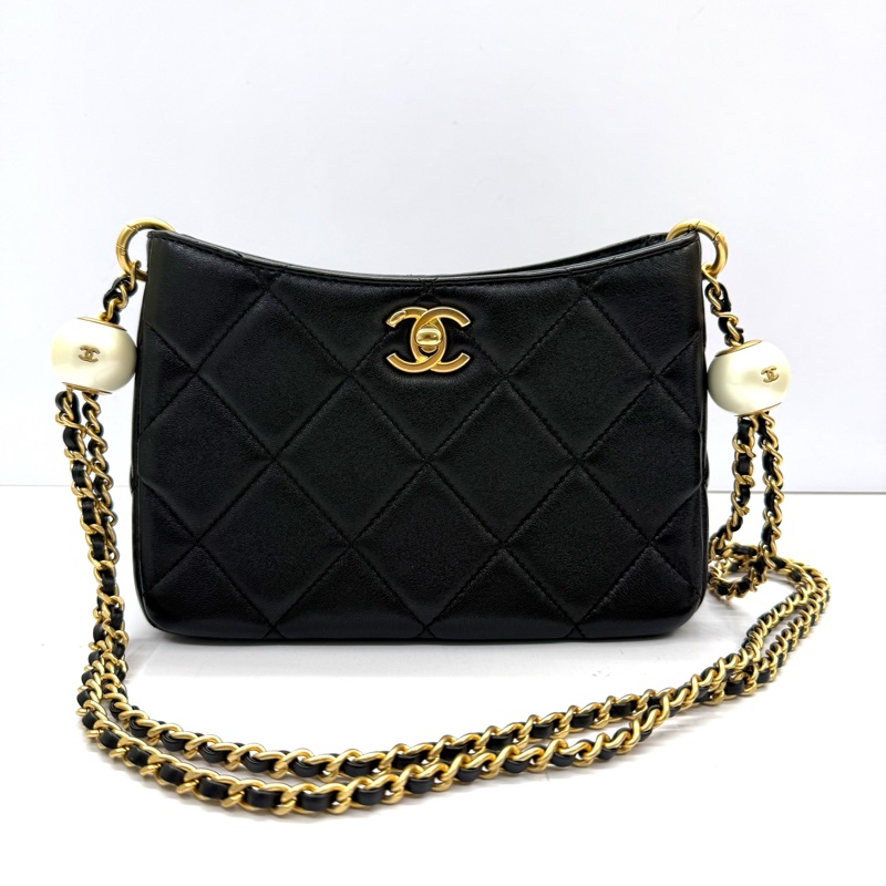 CHANEL 香奈兒 黑色羊皮金鍊珍珠肩背包 AS4859 PEARL CRUSH HOBO-0