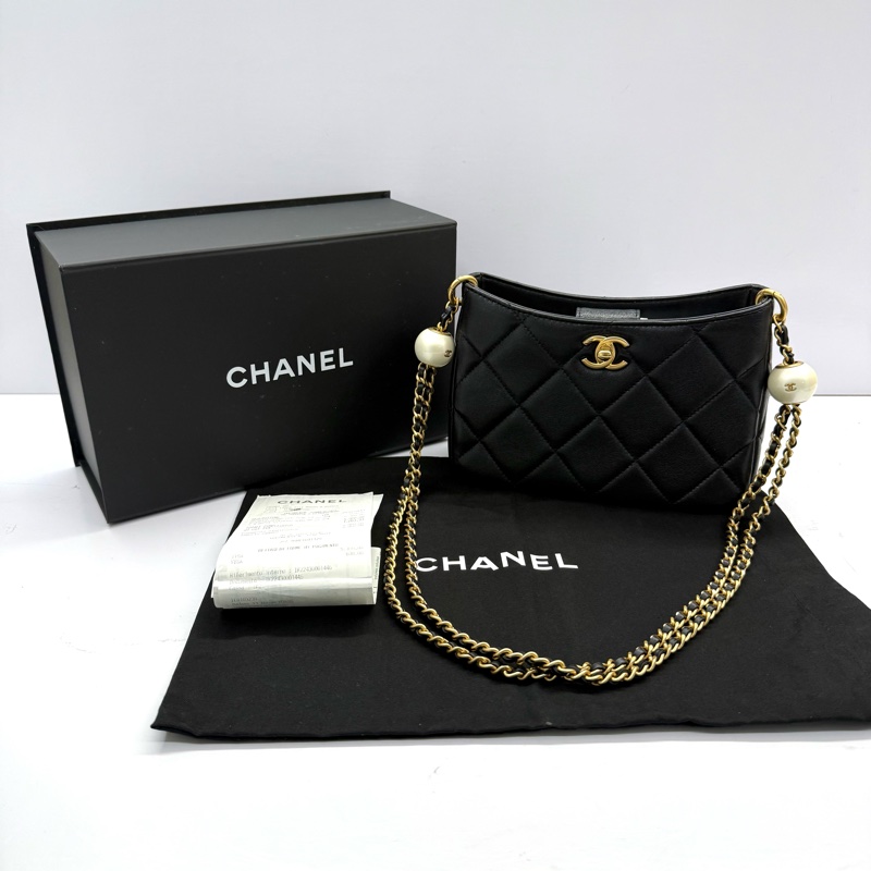 CHANEL 香奈兒 黑色羊皮金鍊珍珠肩背包 AS4859 PEARL CRUSH HOBO-2