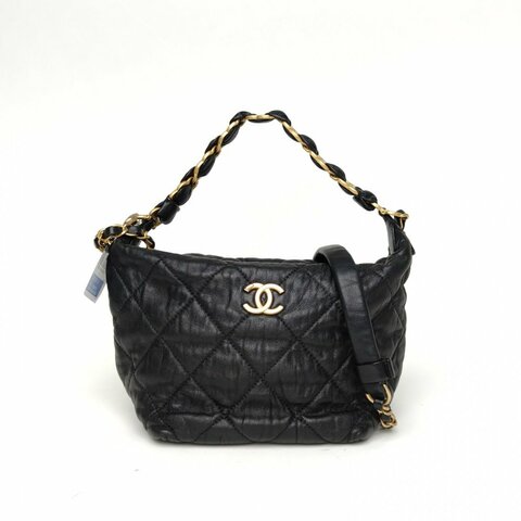 CHANEL 黑色羊皮31開金扣21K飯盒包hobo腋下包肩背包