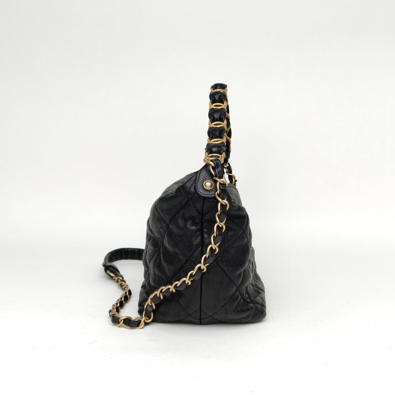 CHANEL 黑色羊皮31開金扣21K飯盒包hobo腋下包肩背包-1