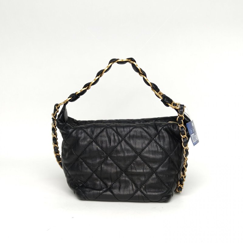 CHANEL 黑色羊皮31開金扣21K飯盒包hobo腋下包肩背包-2