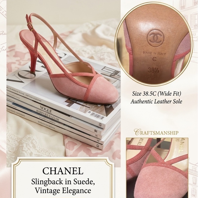 🍒 Chanel Vintage 極具法式經典韻味的跟鞋。溫柔的珊瑚粉（Coral Pink）搭配高級麂皮材質，鞋頭優雅的交叉細帶能修飾腳背曲線，展現老香年代獨有的精緻工藝size:38.5/2F260418-1-1