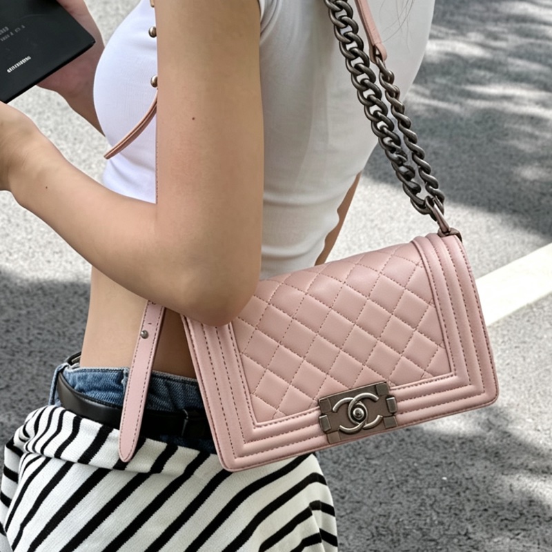 CHANEL香奈兒銀扣菱格紋牛皮中號LEBOY單肩斜挎包🌸香奈兒藕粉色-4