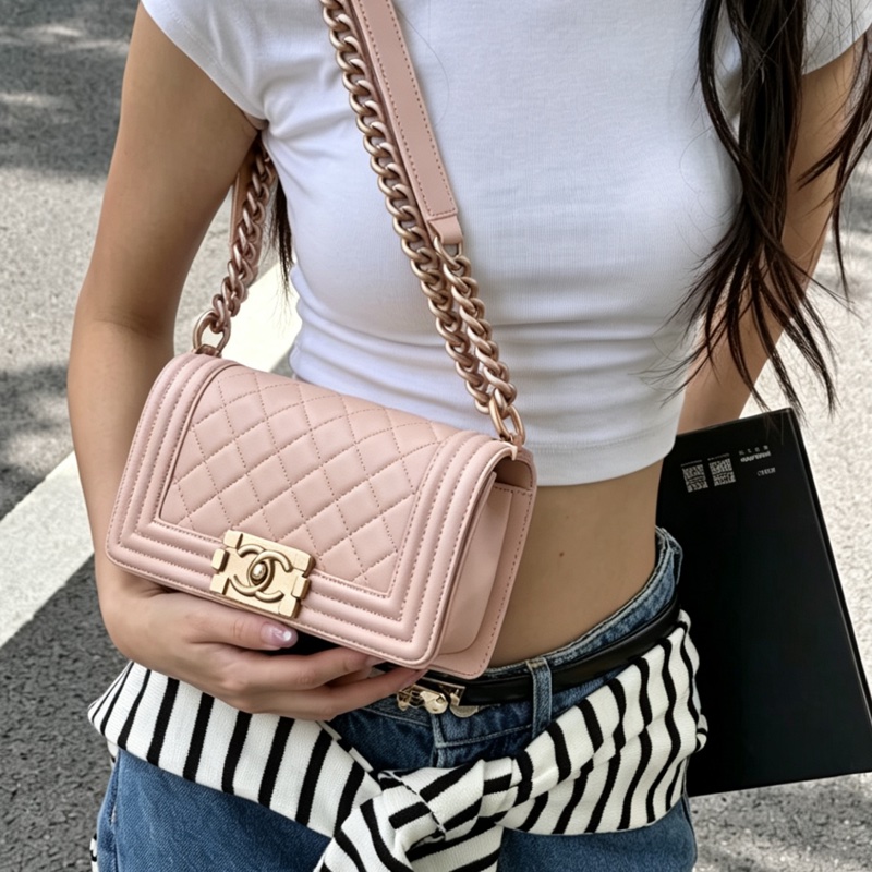 CHANEL香奈兒銀扣菱格紋牛皮中號LEBOY單肩斜挎包🌸香奈兒藕粉色-7