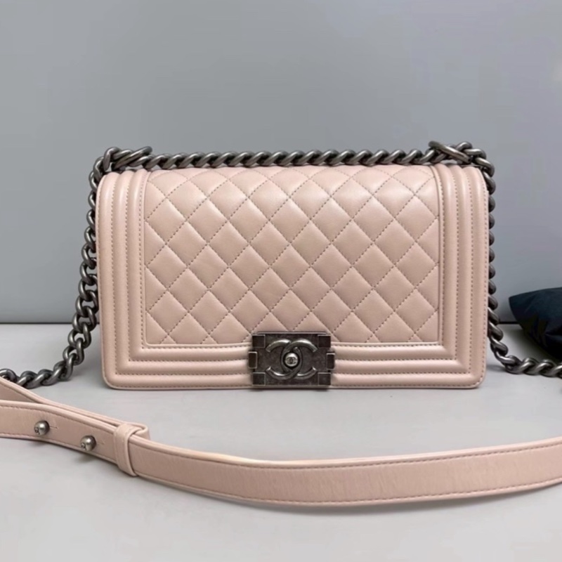 CHANEL香奈兒銀扣菱格紋牛皮中號LEBOY單肩斜挎包🌸香奈兒藕粉色-10