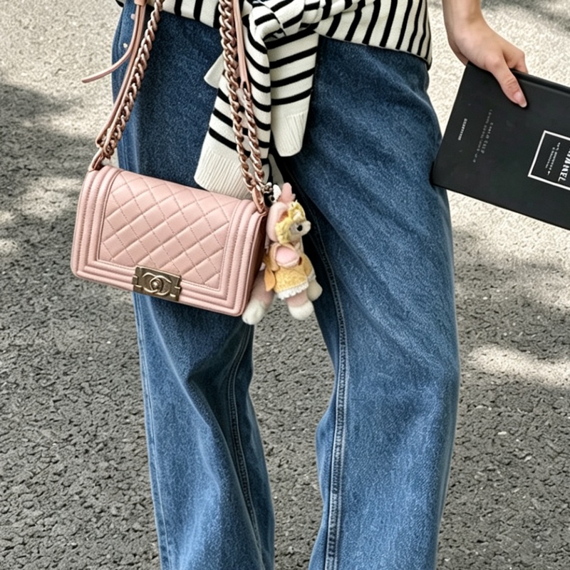 CHANEL香奈兒銀扣菱格紋牛皮中號LEBOY單肩斜挎包🌸香奈兒藕粉色-20
