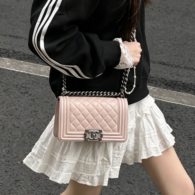 CHANEL香奈兒銀扣菱格紋牛皮中號LEBOY單肩斜挎包🌸香奈兒藕粉色-22