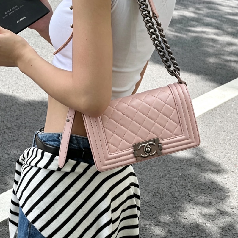 CHANEL香奈兒銀扣菱格紋牛皮中號LEBOY單肩斜挎包🌸香奈兒藕粉色-25