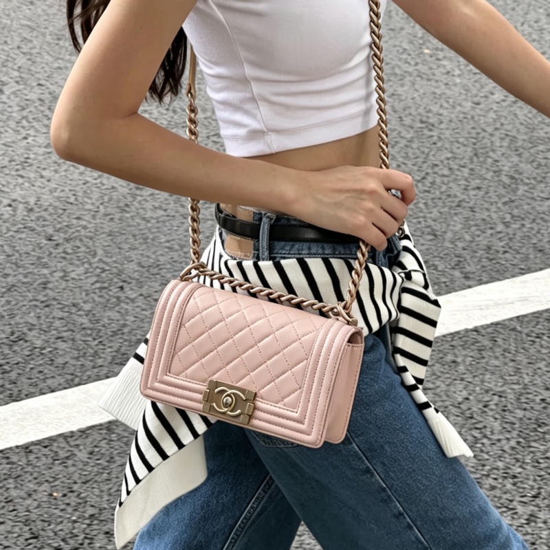 CHANEL香奈兒銀扣菱格紋牛皮中號LEBOY單肩斜挎包🌸香奈兒藕粉色-26