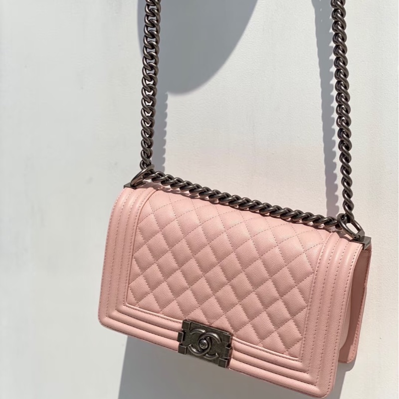 CHANEL香奈兒銀扣菱格紋牛皮中號LEBOY單肩斜挎包🌸香奈兒藕粉色-31