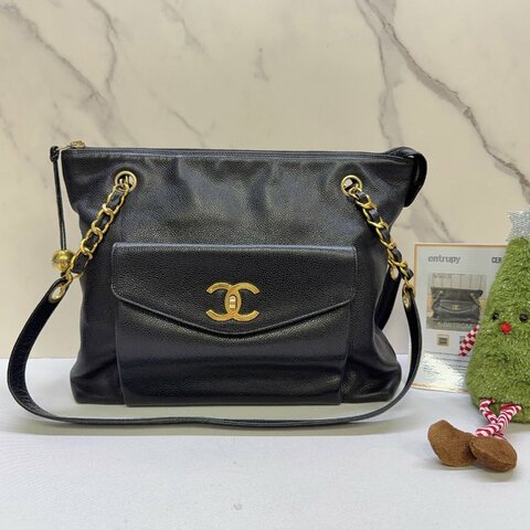 CHANEL Vintage黑金荔枝皮肩背包