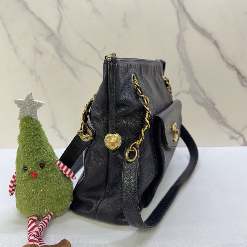 CHANEL Vintage黑金荔枝皮肩背包-3