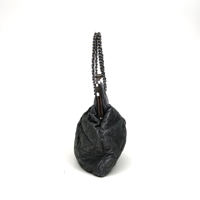 CHANEL 深灰科技布14開銀扣蛙口鏈條包肩背包-1