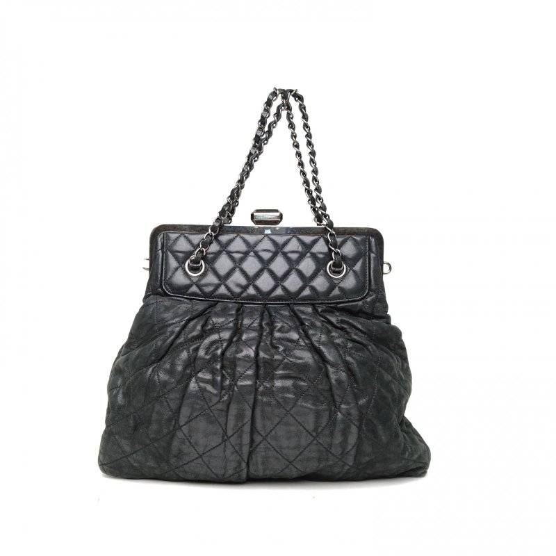 CHANEL 深灰科技布14開銀扣蛙口鏈條包肩背包-2