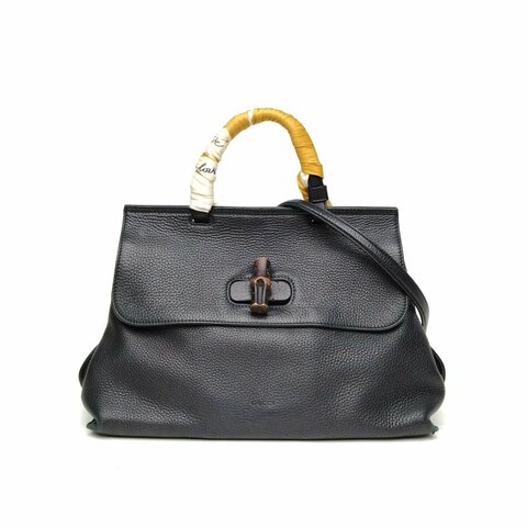 GUCCI BambooDaily竹節扣手提大號黑色牛皮銀扣肩背包