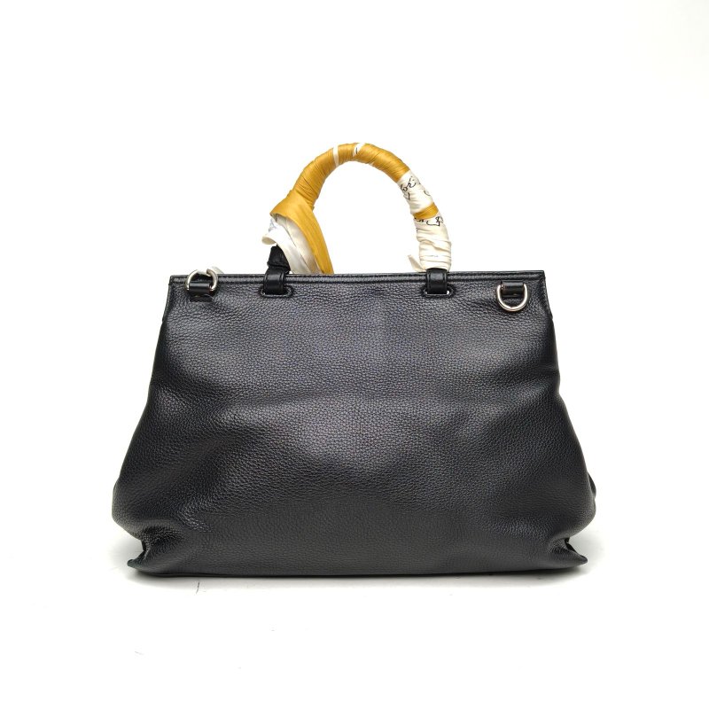 GUCCI BambooDaily竹節扣手提大號黑色牛皮銀扣肩背包-2