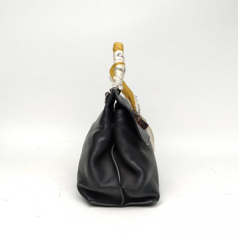 GUCCI BambooDaily竹節扣手提大號黑色牛皮銀扣肩背包-3