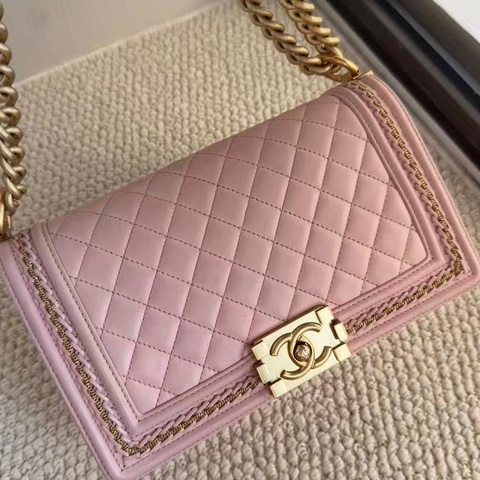 Chanel Leboy櫻花粉 中號 粉金羊皮限量宮廷編織滾邊款