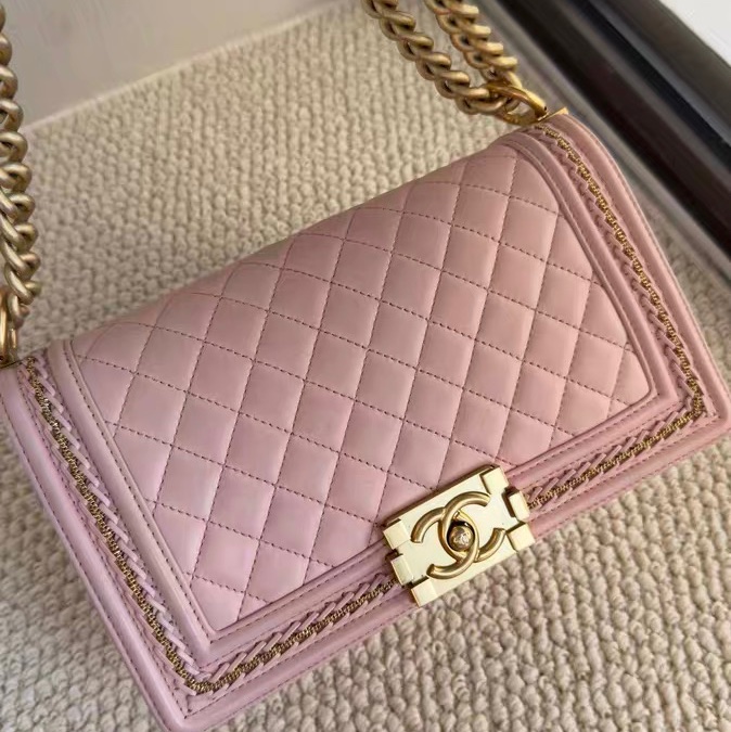 Chanel Leboy櫻花粉 中號 粉金羊皮限量宮廷編織滾邊款-0