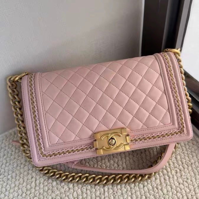 Chanel Leboy櫻花粉 中號 粉金羊皮限量宮廷編織滾邊款-1
