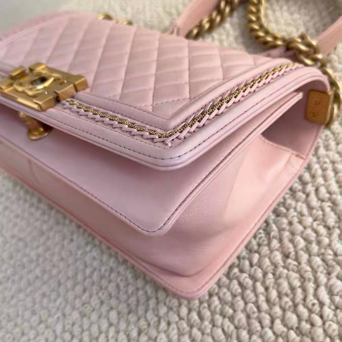 Chanel Leboy櫻花粉 中號 粉金羊皮限量宮廷編織滾邊款-2