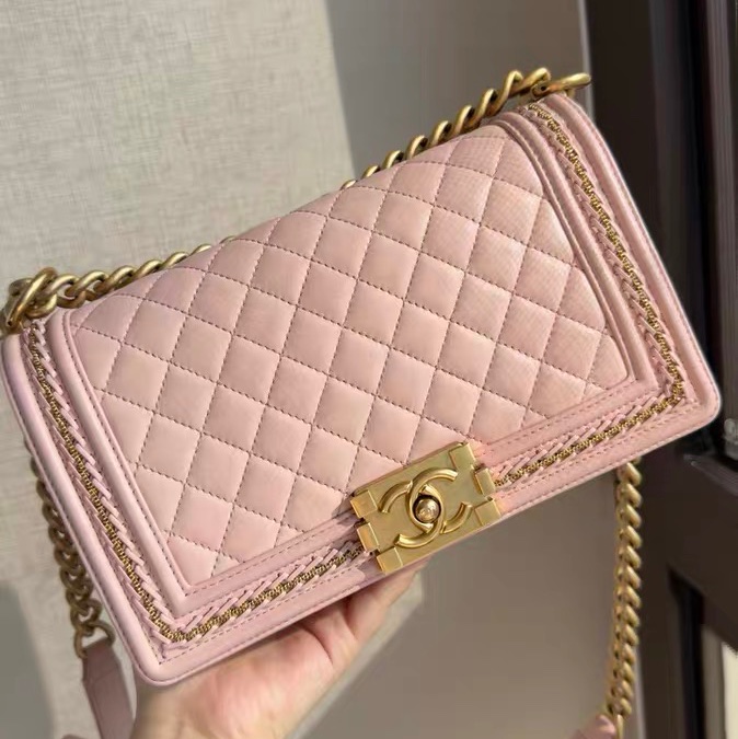 Chanel Leboy櫻花粉 中號 粉金羊皮限量宮廷編織滾邊款-3