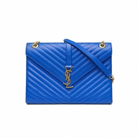 SAINT LAURENT Envelope絎縫翻蓋郵差包信封包大號藍色牛皮肩背包