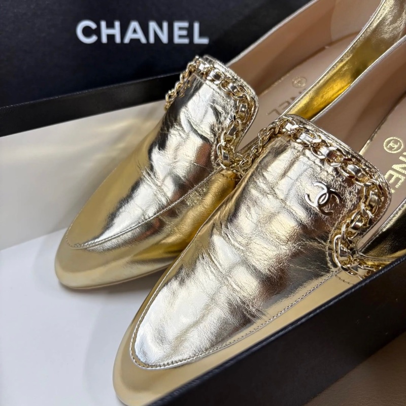 Chanel香奈兒 埃及系列 金色皮穿鏈雙C logo樂福鞋 38.5碼-1