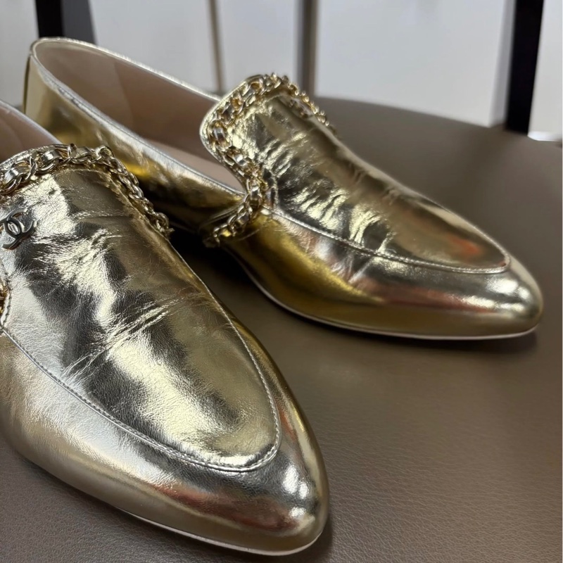 Chanel香奈兒 埃及系列 金色皮穿鏈雙C logo樂福鞋 38.5碼-2