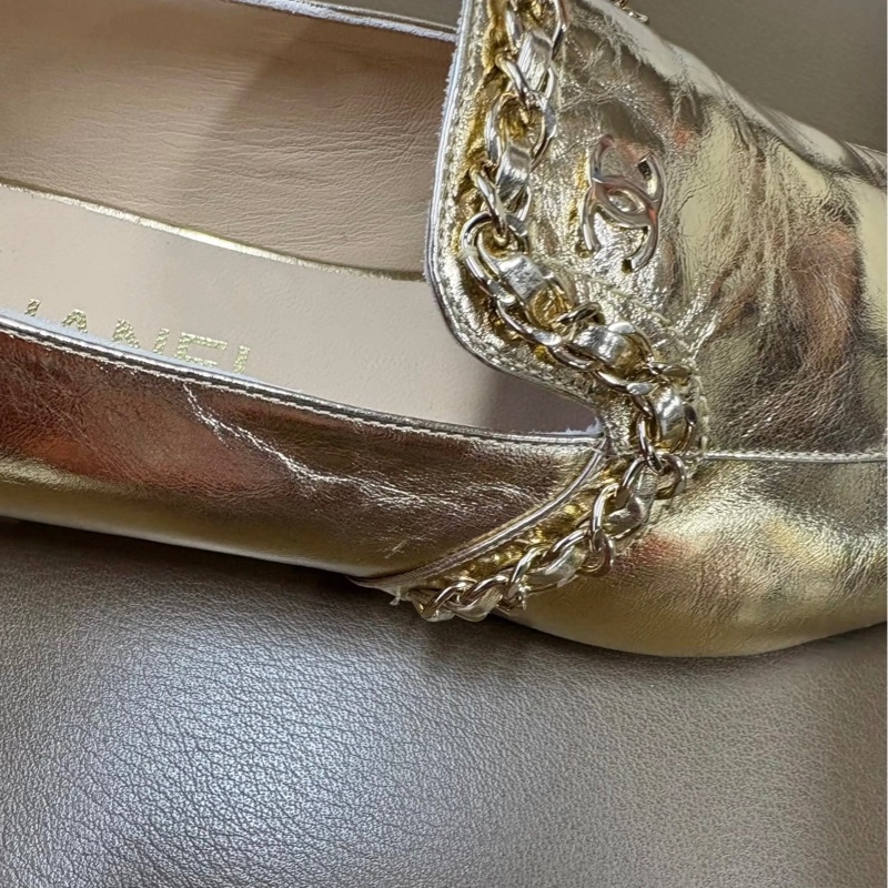 Chanel香奈兒 埃及系列 金色皮穿鏈雙C logo樂福鞋 38.5碼-3