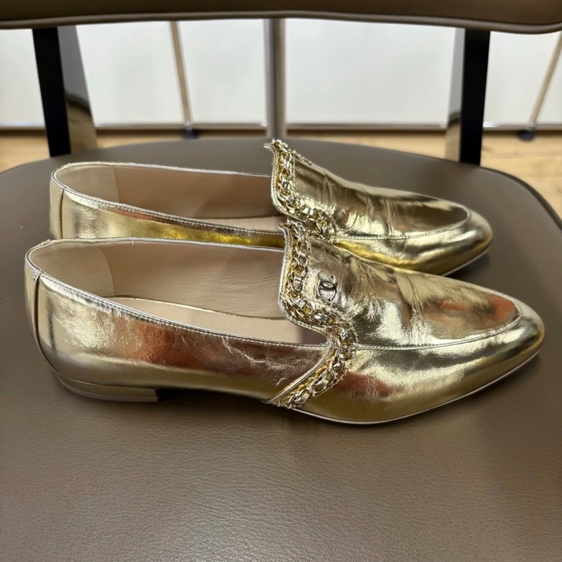 Chanel香奈兒 埃及系列 金色皮穿鏈雙C logo樂福鞋 38.5碼-5