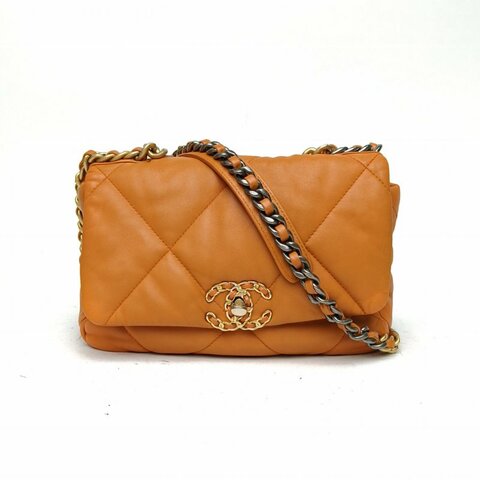 CHANEL 19BAG口蓋包小號橘色羊皮晶片開金銀扣肩背包
