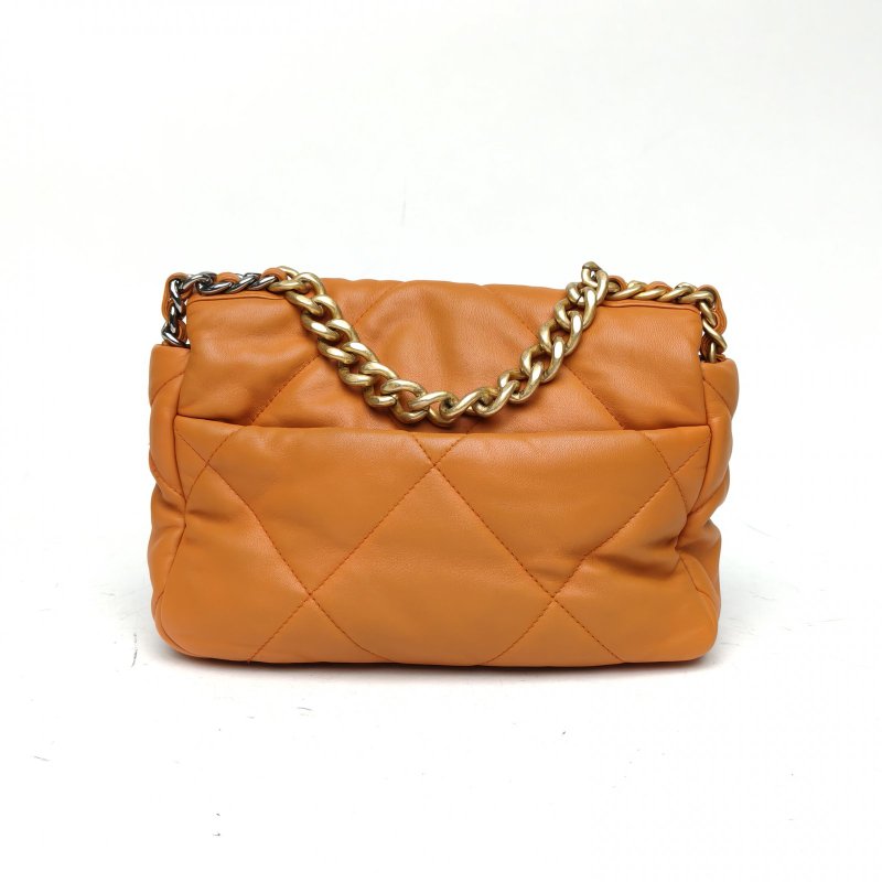 CHANEL 19BAG口蓋包小號橘色羊皮晶片開金銀扣肩背包-2
