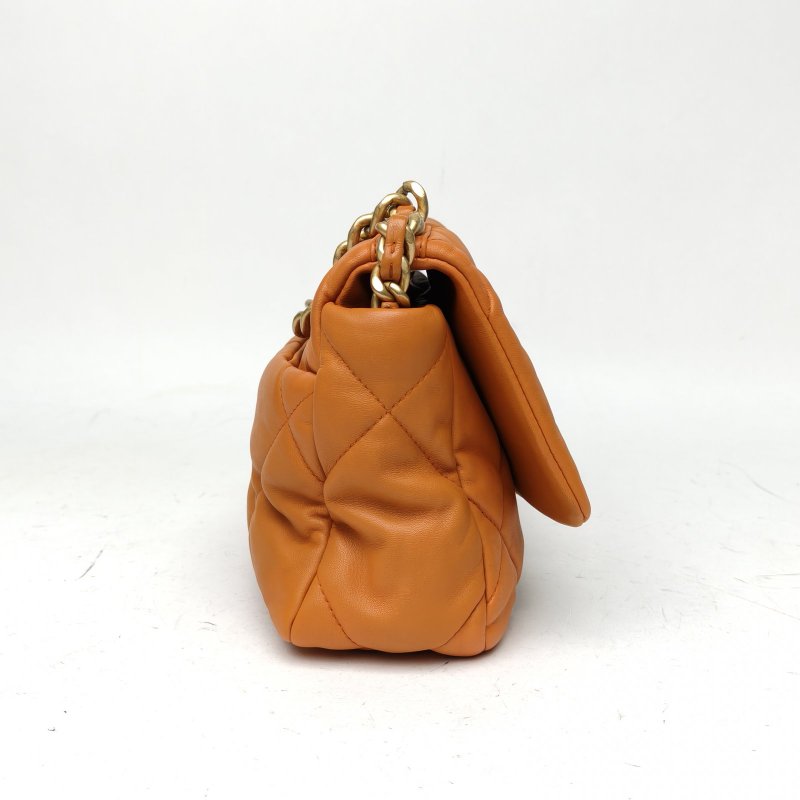 CHANEL 19BAG口蓋包小號橘色羊皮晶片開金銀扣肩背包-3