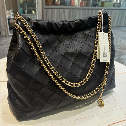 *SHIHNA名牌精品* TORY BURCH 菱格雙鍊帶小牛皮束口肩背包