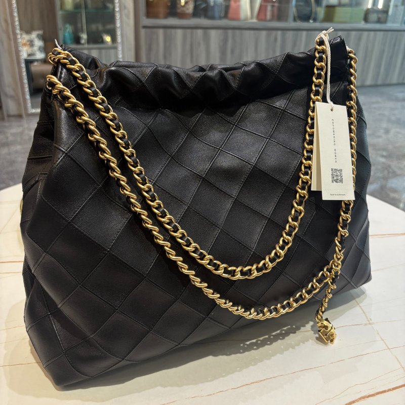 *SHIHNA名牌精品* TORY BURCH 菱格雙鍊帶小牛皮束口肩背包-0