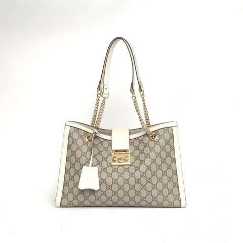 GUCCI Padlock鎖頭包Tote中號米白色牛皮/帆布金扣肩背包