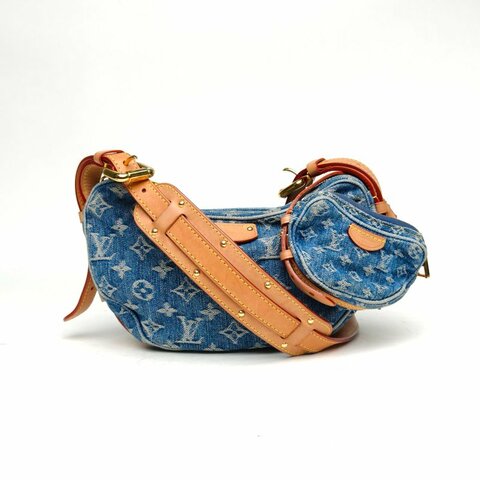 LOUIS VUITTON CROISSANT中號雙子豌豆包丹寧牛仔藍金扣晶片肩背包