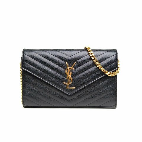 SAINT LAURENT CASSANDRAWOC人字紋信封鏈條包黑色牛皮金扣肩背包