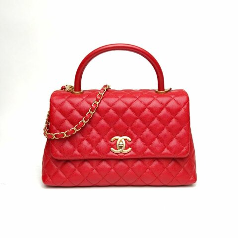 CHANEL CocoHandle中號紅色荔枝牛皮24開金扣肩背包