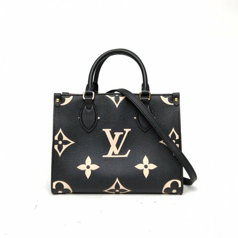 LOUIS VUITTON Onthego小號25黑色牛皮金扣晶片老花壓紋肩背包