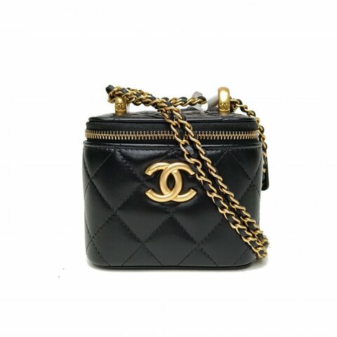 CHANEL 25S方盒子化妝包雙金珠皮穿鏈黑色牛皮金扣肩背包