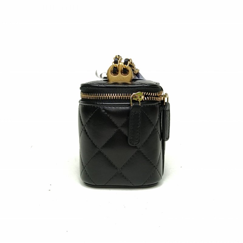 CHANEL 25S方盒子化妝包雙金珠皮穿鏈黑色牛皮金扣肩背包-1