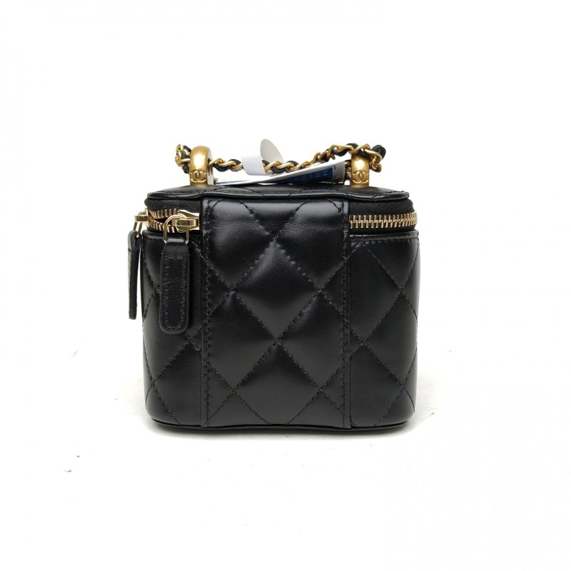CHANEL 25S方盒子化妝包雙金珠皮穿鏈黑色牛皮金扣肩背包-2