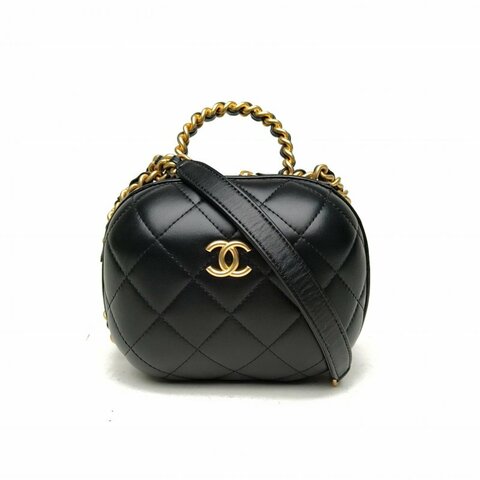 CHANEL 黑色羊皮晶片開金扣22P手柄膠囊包肩背包